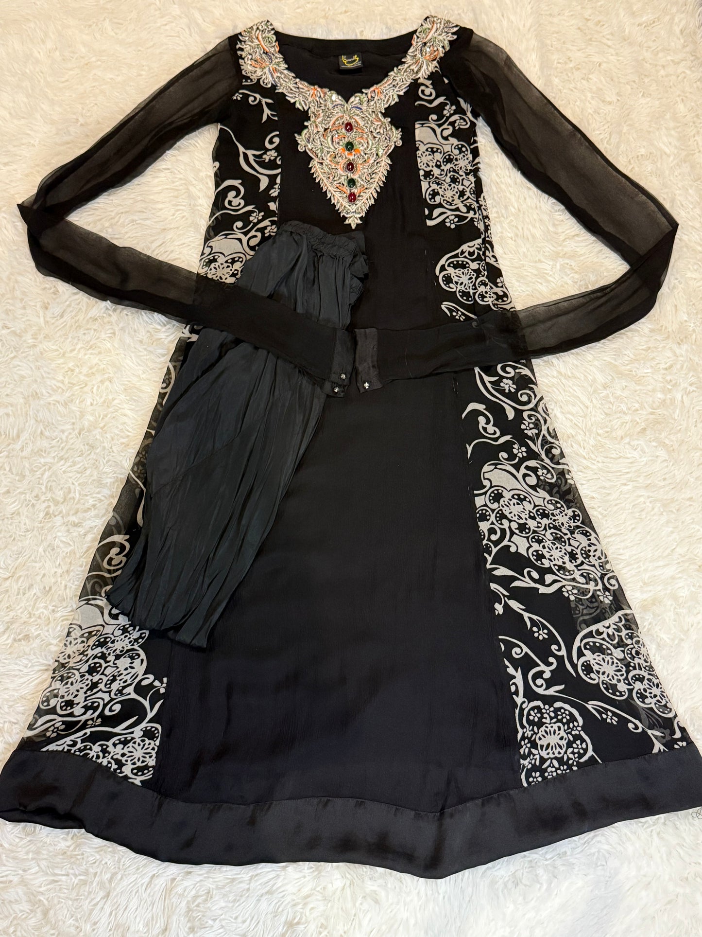 Zeenat by Hina Butt Black Chiffon Anarkali Style Suit with Pajama Pants and “Chinyere” Sleeves
