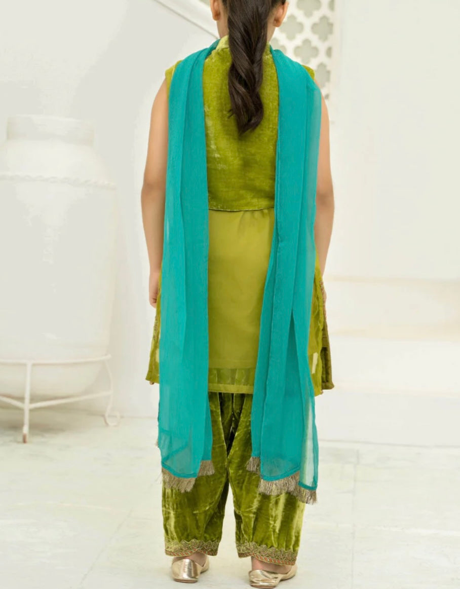 Maria B 4 Piece Velvet and Organza Suit Green Color (Girls), New with Tags