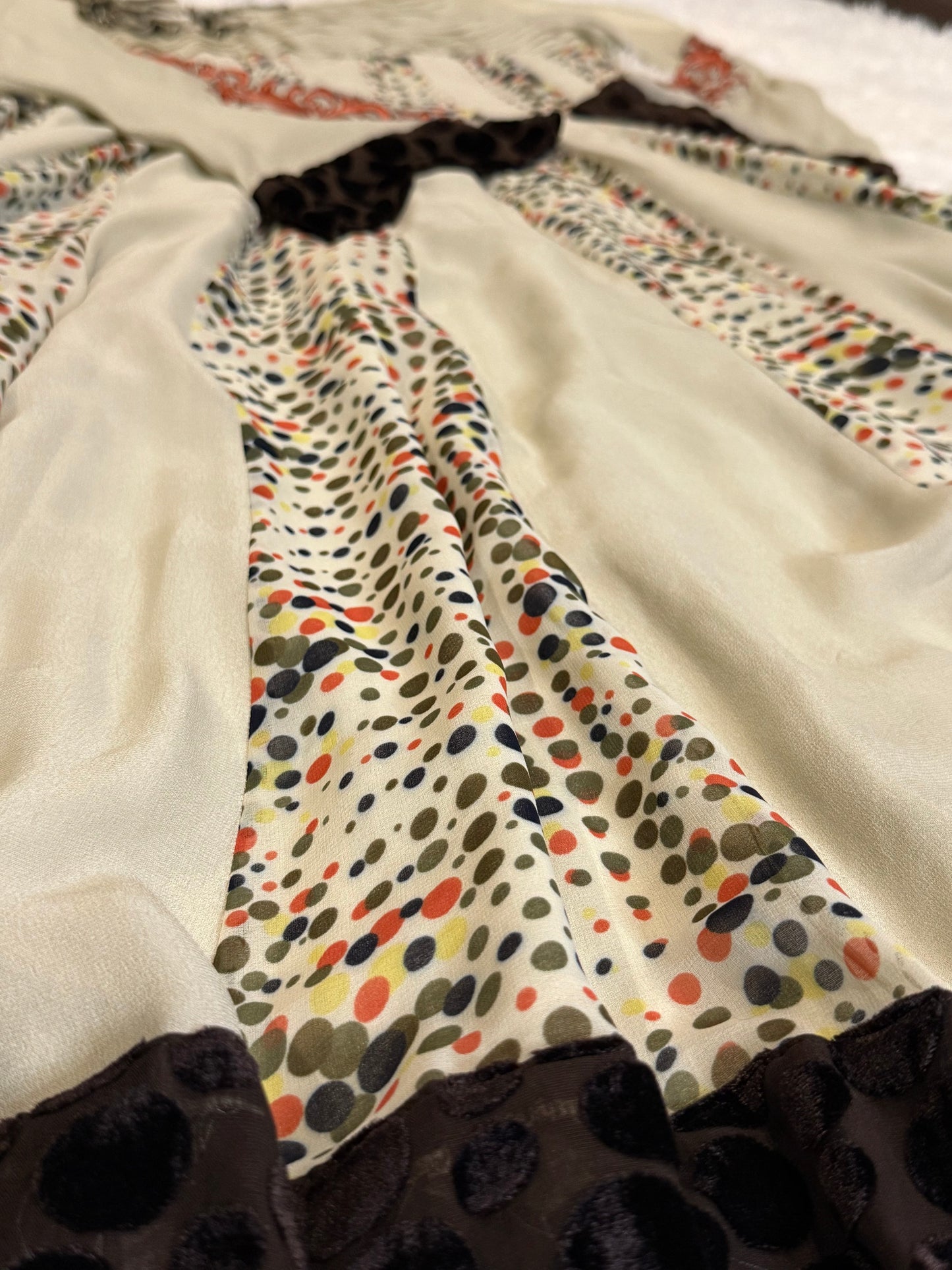 Asifa & Nabeel Cream Chiffon Anarkali Style Suit with Polka Dots