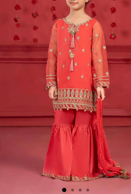 Maria B 3 Piece Embroidered Organza Gharara Suit Coral Pink (Girls), New with Tags