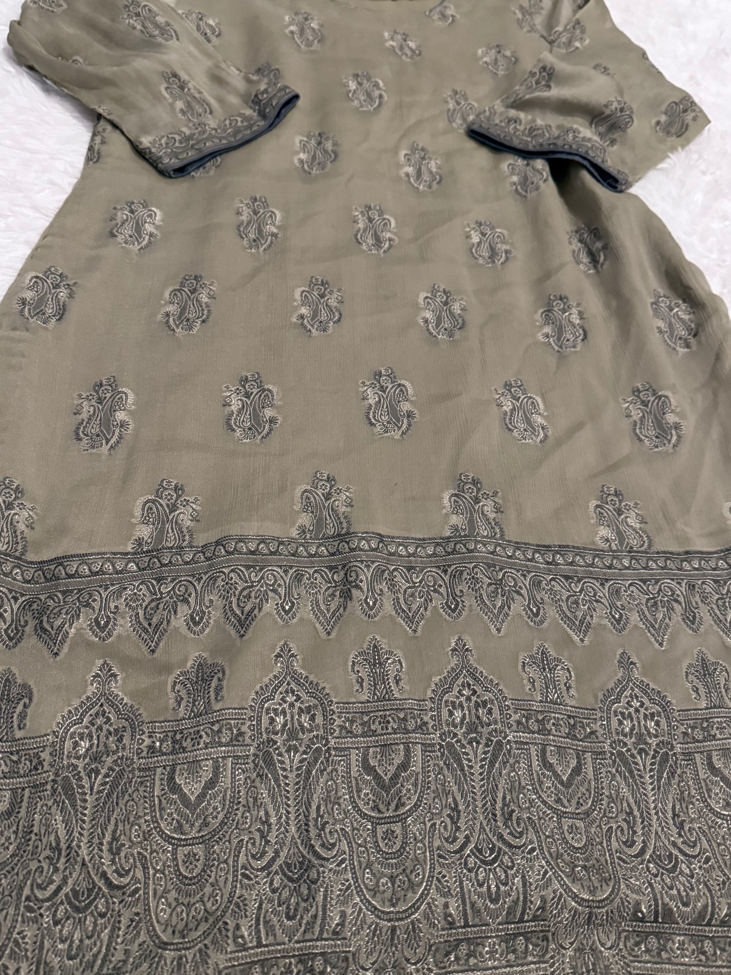 Bareeze Sage Green Chiffon Shirt with Silk Thread Embroidery