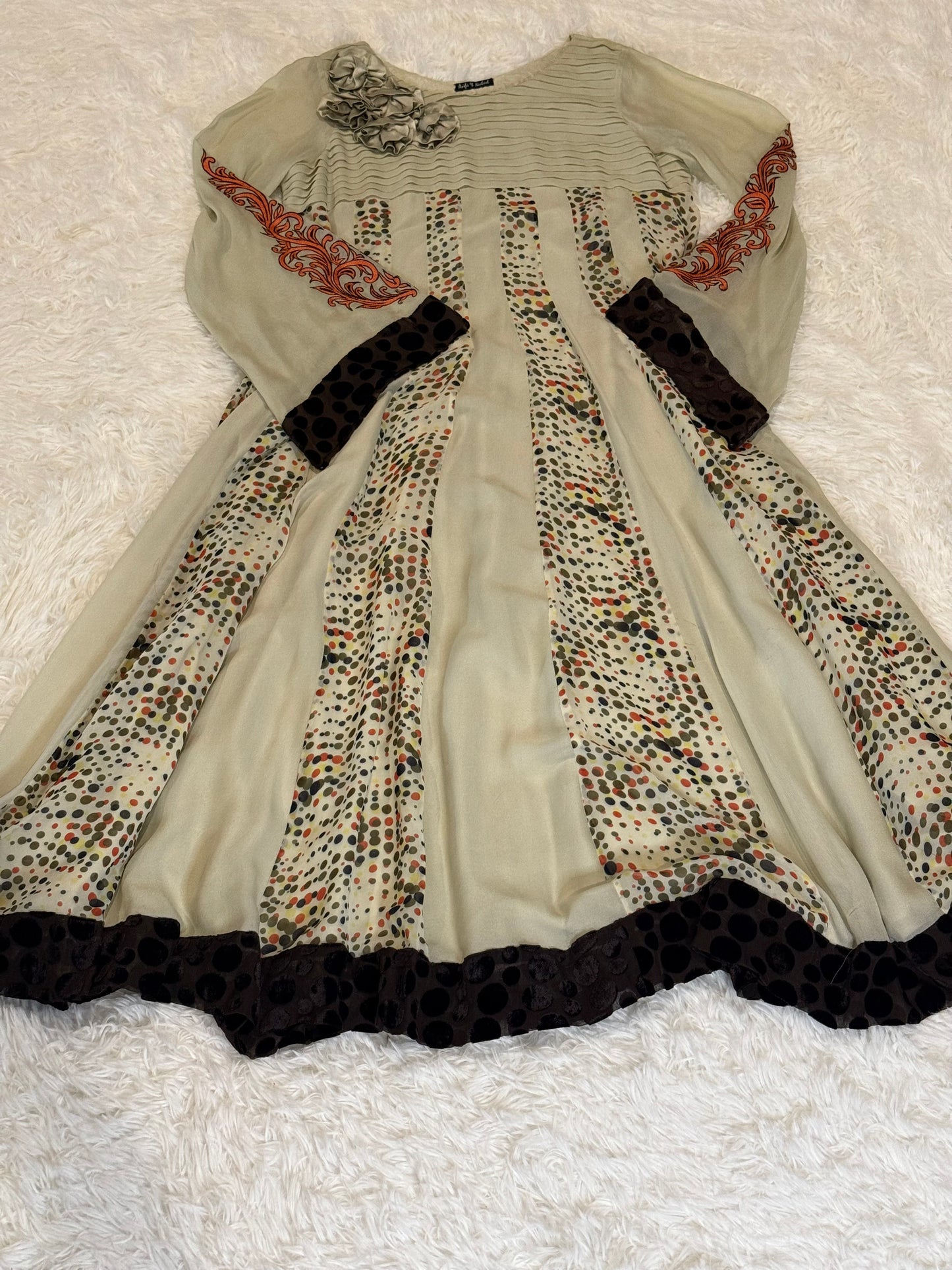 Asifa & Nabeel Cream Chiffon Anarkali Style Suit with Polka Dots