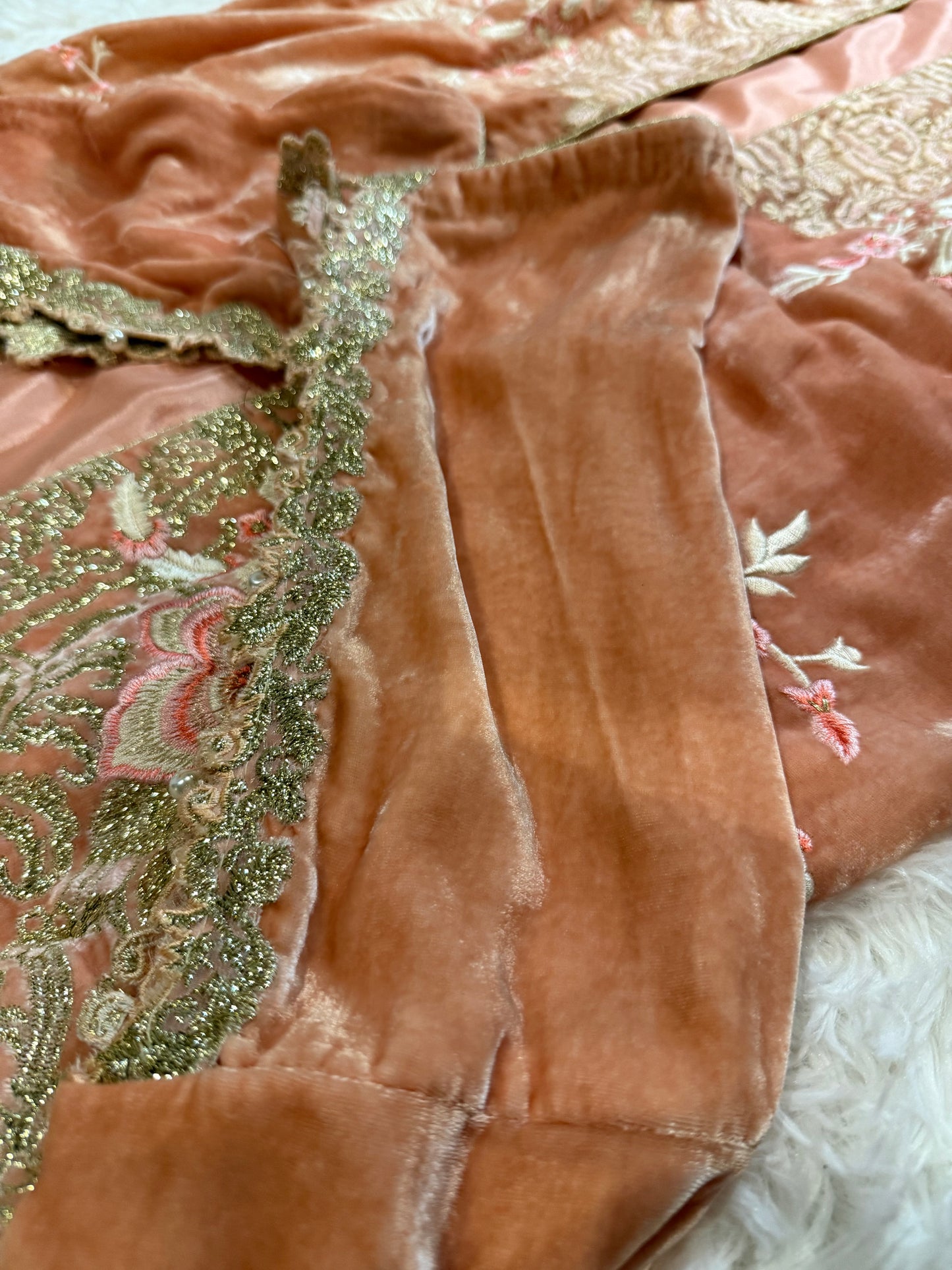Sana Safinaz Peach Velvet Jacket with Silver, Pink, and White Floral Embroidery