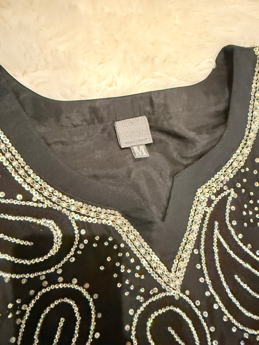 HSY Black Silk Shirt with Heavy Silver Sequin Embroidery