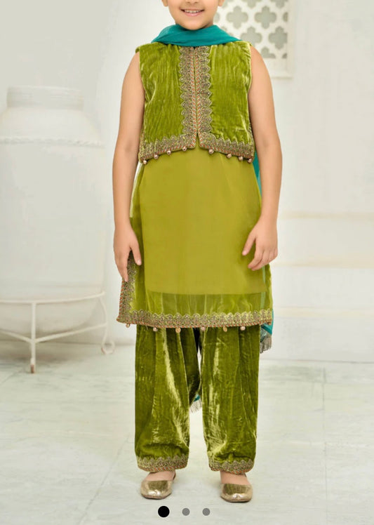 Maria B 4 Piece Velvet and Organza Suit Green Color (Girls), New with Tags