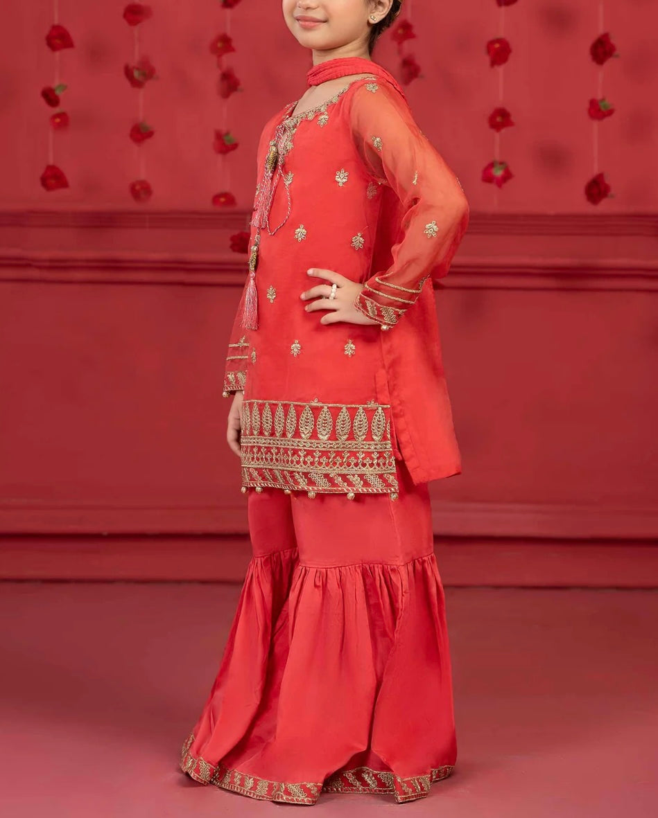 Maria B 3 Piece Embroidered Organza Gharara Suit Coral Pink (Girls), New with Tags