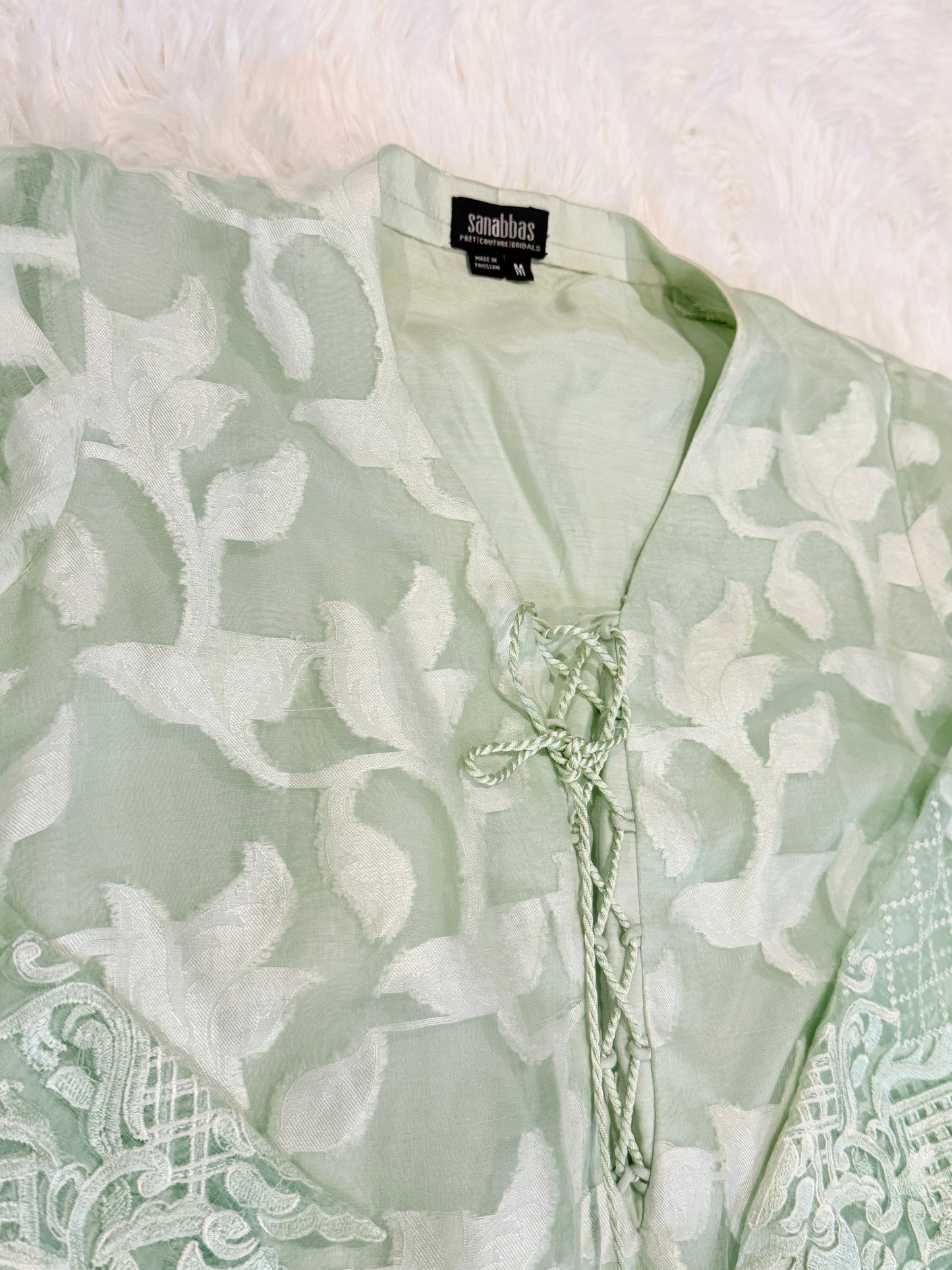 Sana Abbas Muted Seafoam Green Shirt with White Floral Pattern and Seafoam Green Embroidery