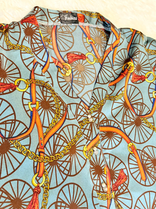 Imbias Blue, Orange & Brown poncho shirt with Equestrian theme print