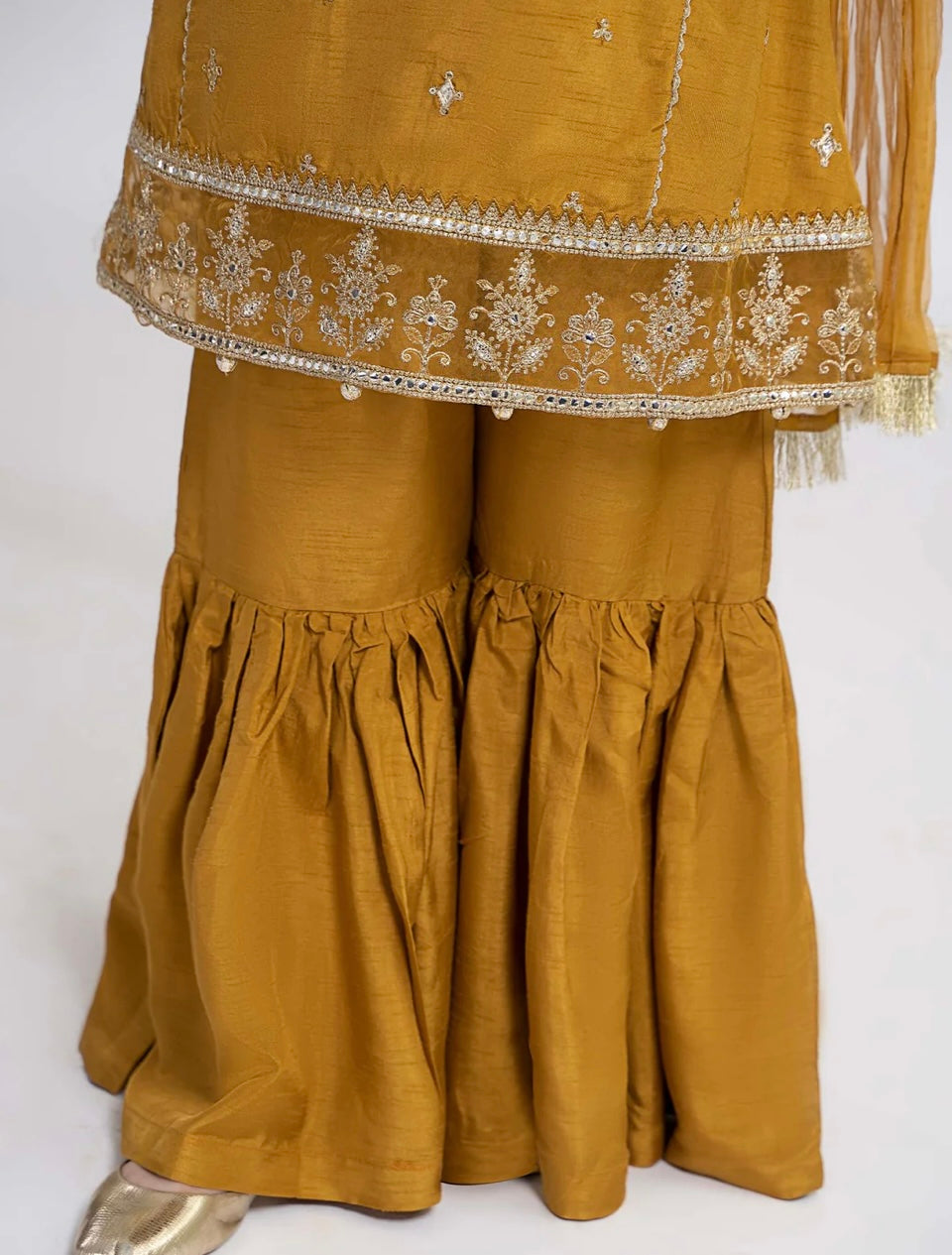 Maria B 3 Piece Embroidered Raw Silk Gharara Suit Rust Color (Girls), New with Tags