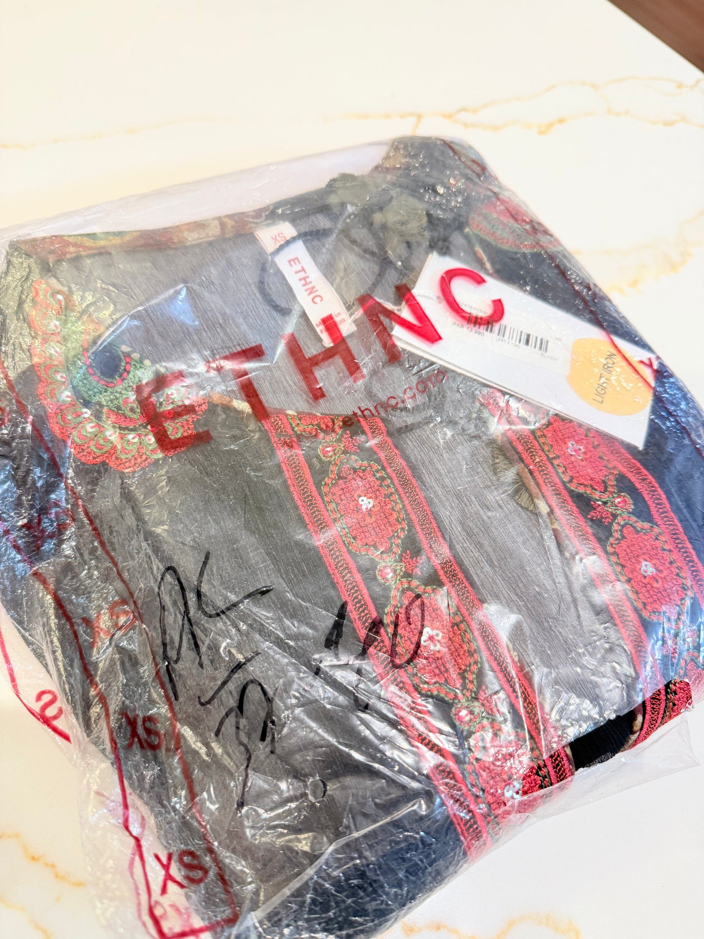 ETHNC Black Suit with Embroidery & Printed Slip and Trouser, New with Tags