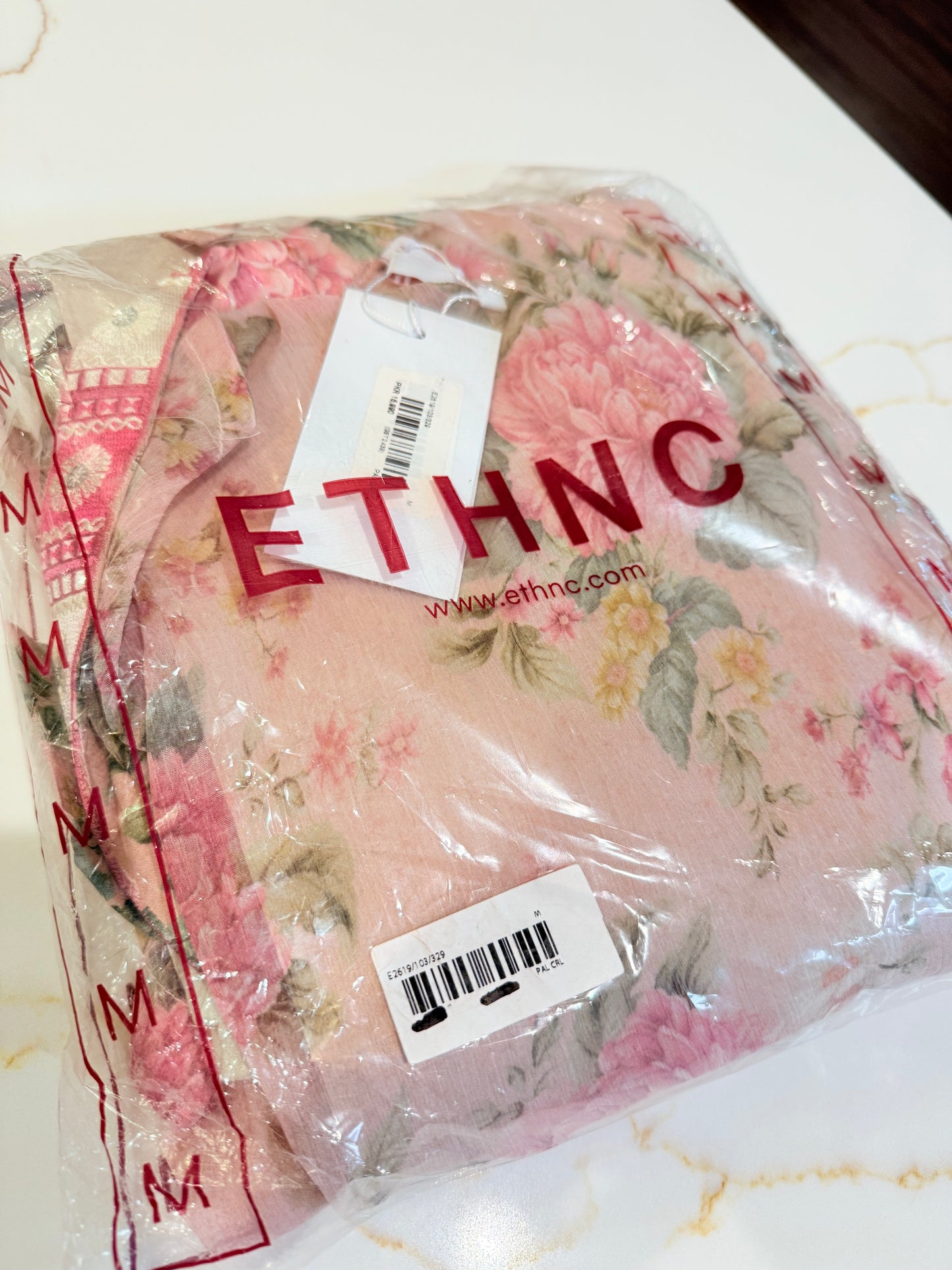 ETHNC Coral/Light Pink Floral Suit with Printed Slip and Trouser, New with Tags