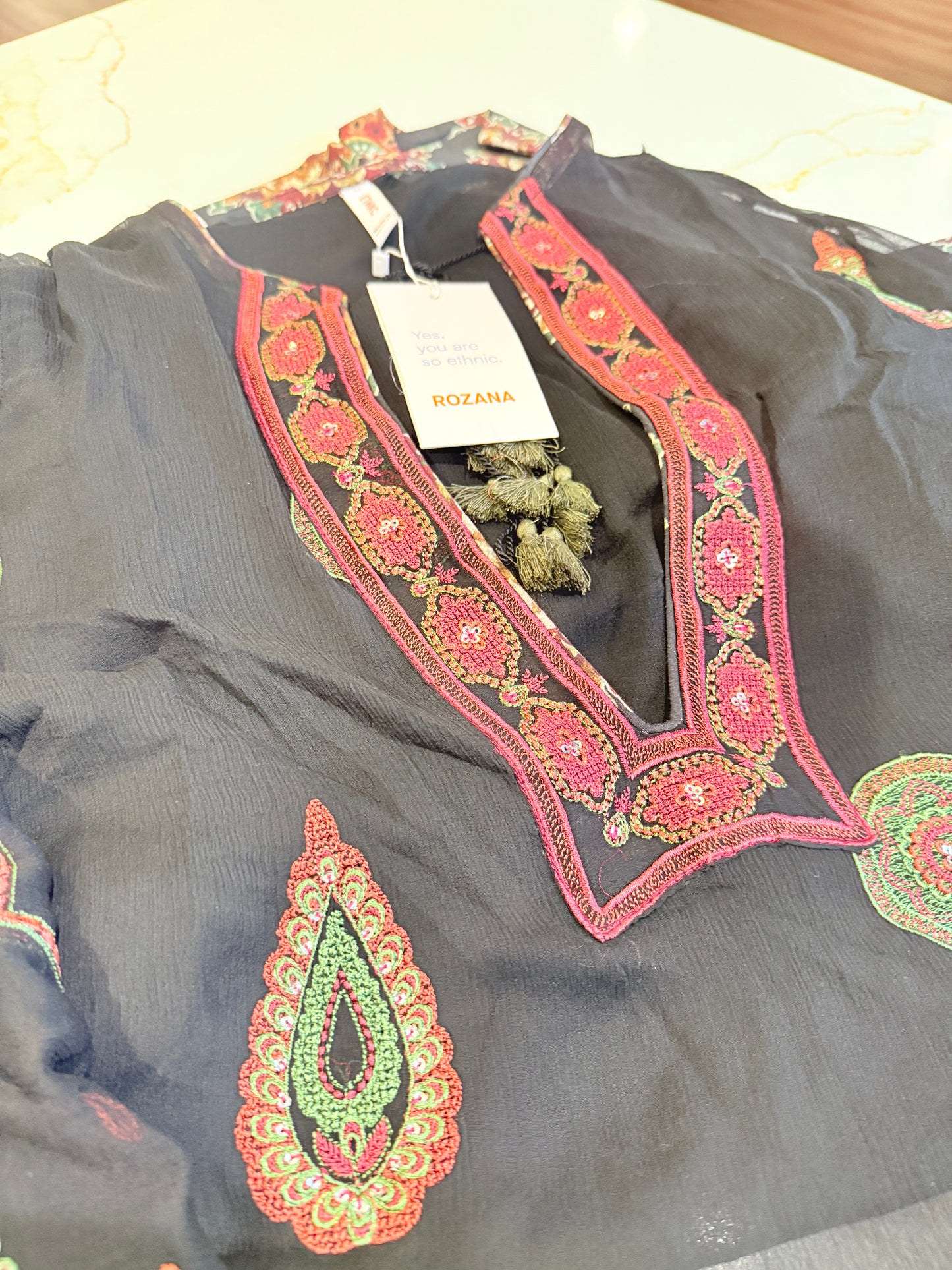 ETHNC Black Suit with Embroidery & Printed Slip and Trouser, New with Tags