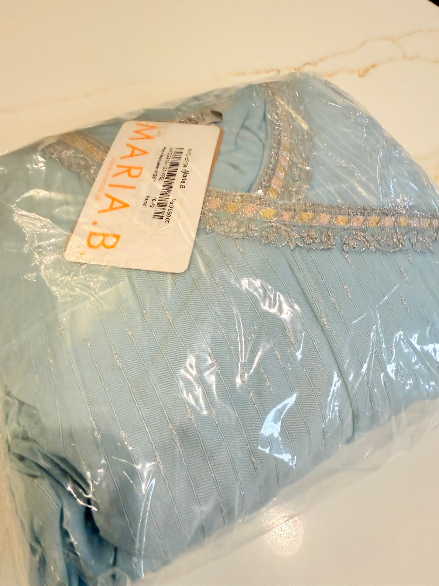 Maria B 3 Piece Embroidered Cotton Jacquard Zari Gharara Suit Blue (Girls), New with Tags