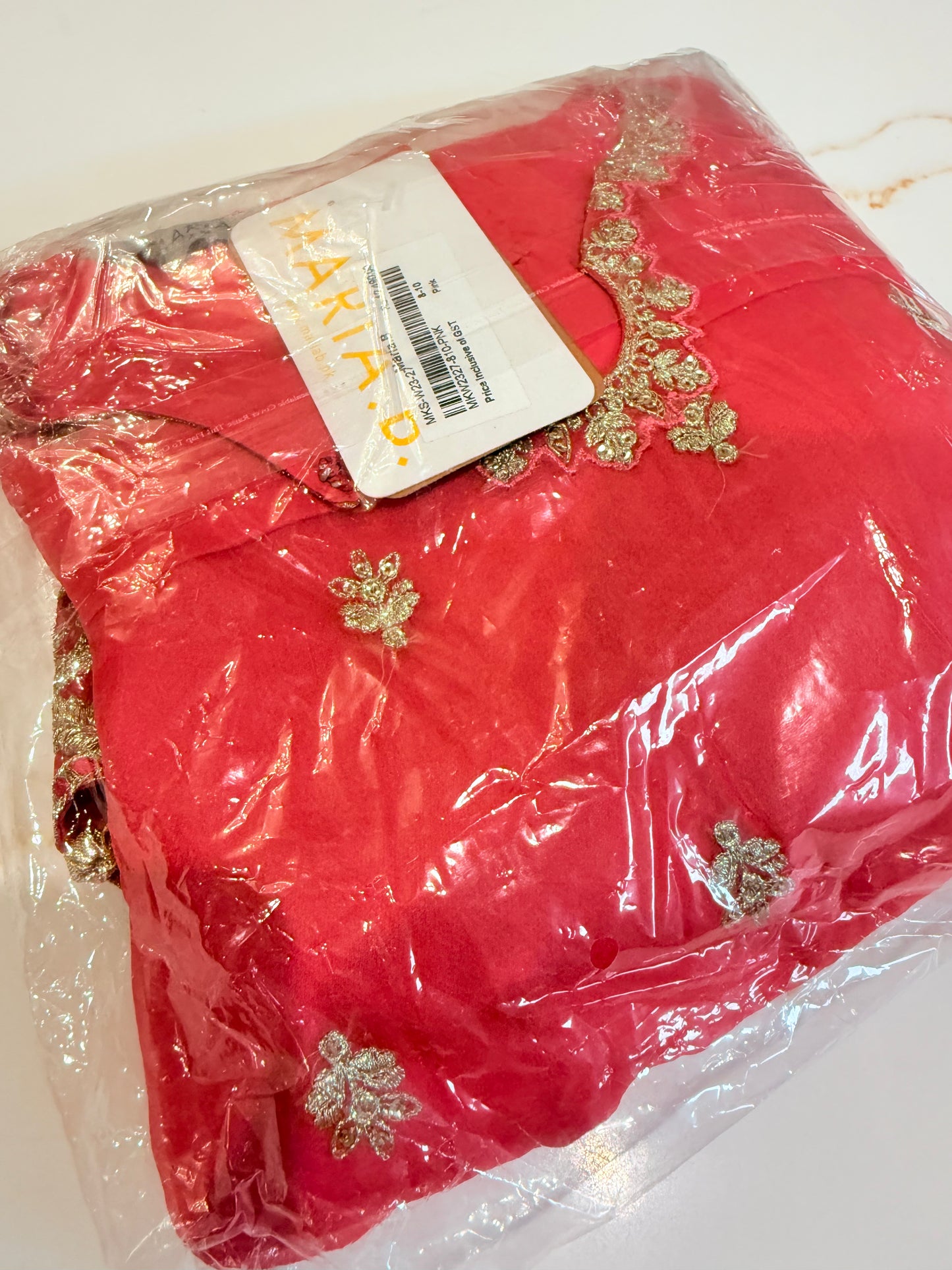 Maria B 3 Piece Embroidered Organza Gharara Suit Coral Pink (Girls), New with Tags