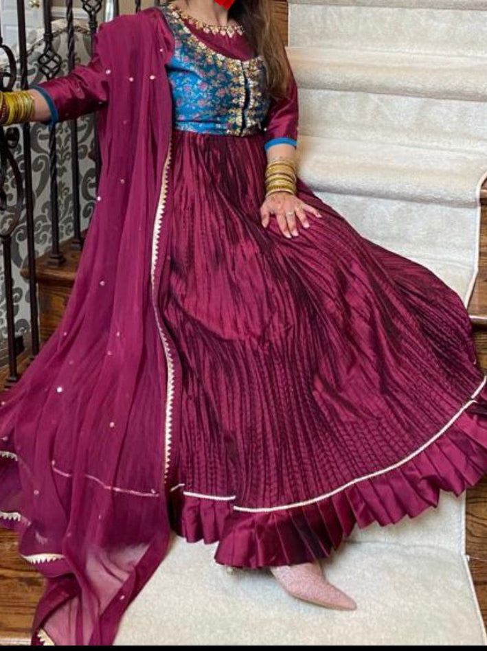 Fatima Khan Burgundy Silk Anarkali with Dupatta