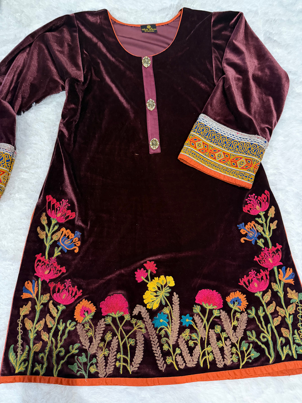 Aisha Imran Deep Purple Velvet Shirt with Thread Embroidery on Border, ornate button decor on neckline and embroidered Sleeve borders