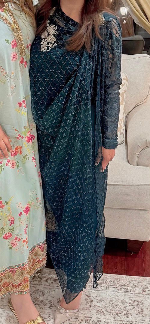 Zainab Chottani Green Asymmetric Poncho with Green Camisole and Straight Pants