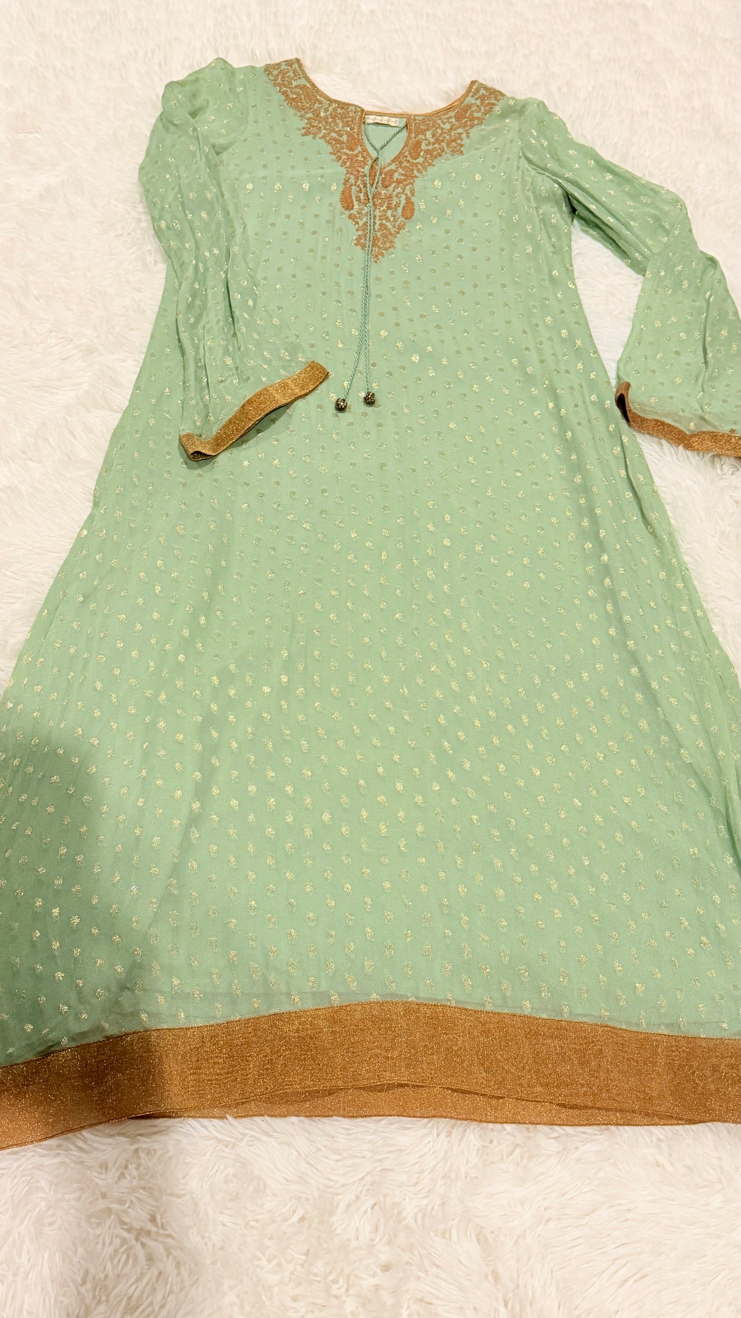 Sublime by Sara Green Chiffon Jamawar Long Shirt with Golden trim and Golden Beads on Neck Tie