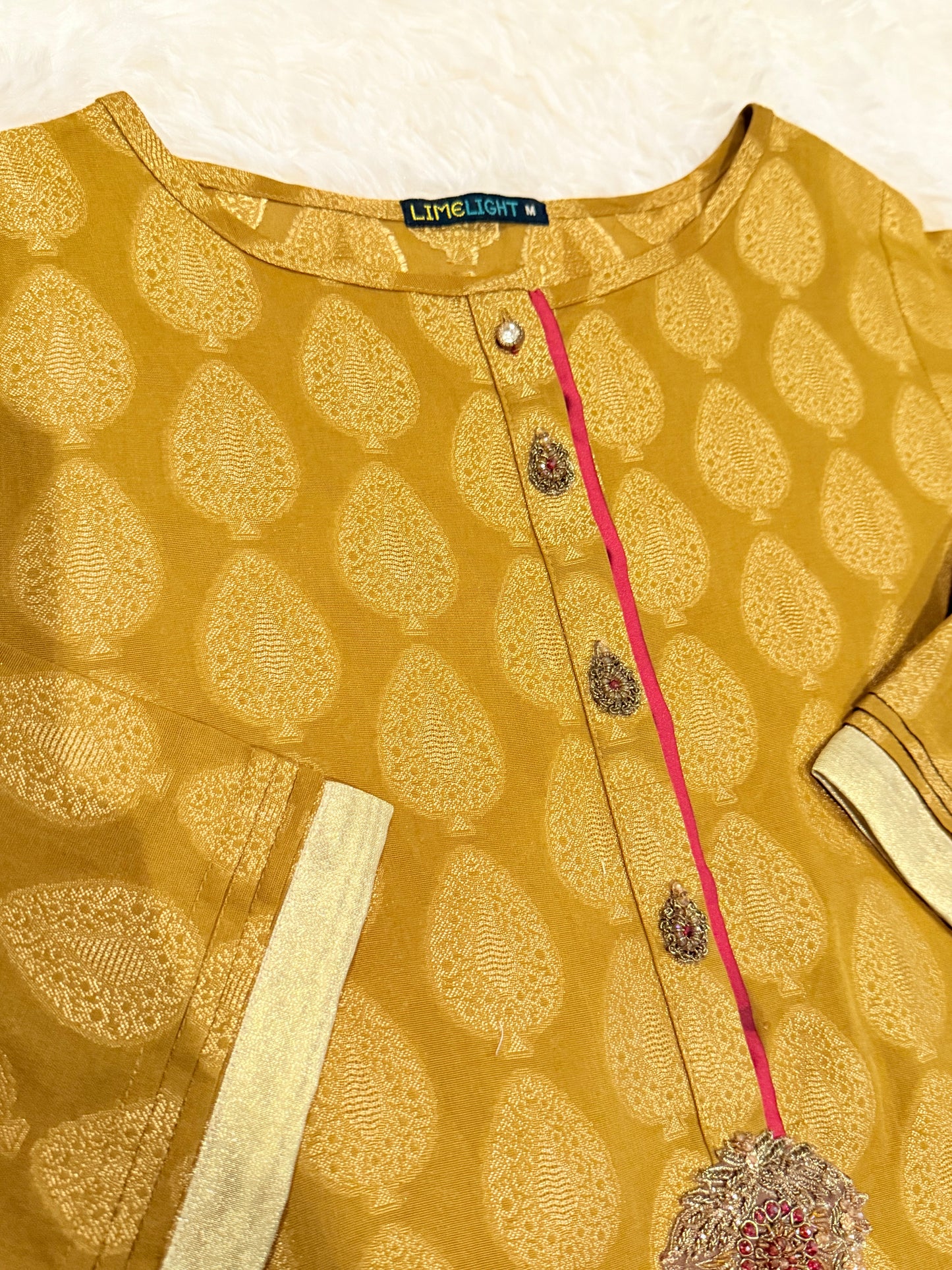 Limelight Mustard Yellow Box cut shirt with Metallic threading and embellishments around neckline