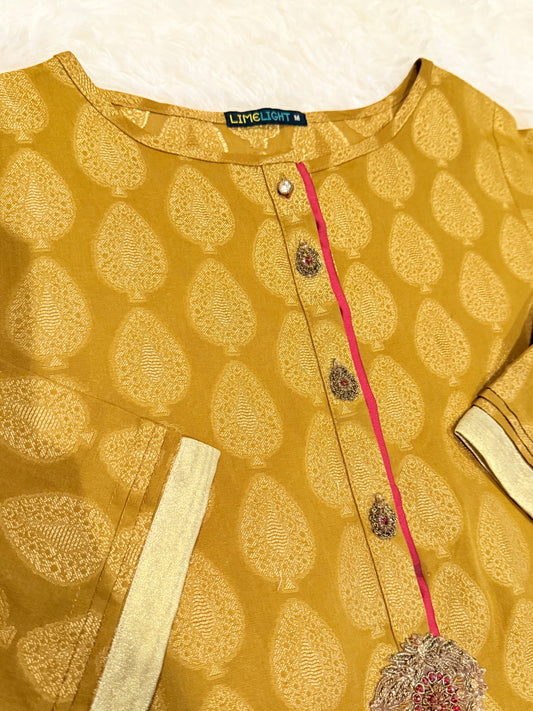 Limelight Mustard Yellow Box cut shirt with Metallic threading and embellishments around neckline
