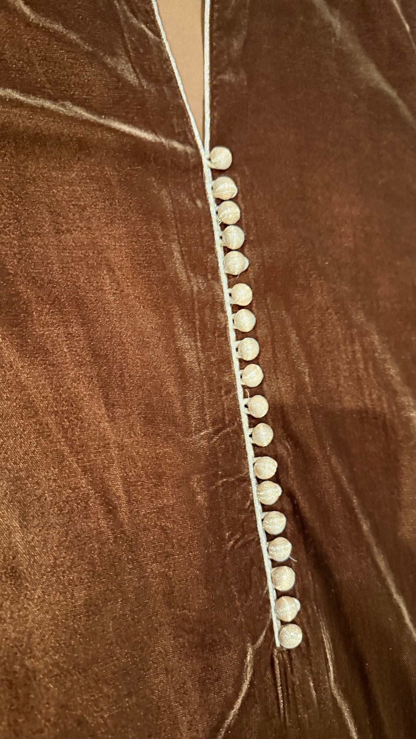 Sak Atelier Brown Velvet Suit with Gold Buttons on Neckline and Sleeves with Golden Trim