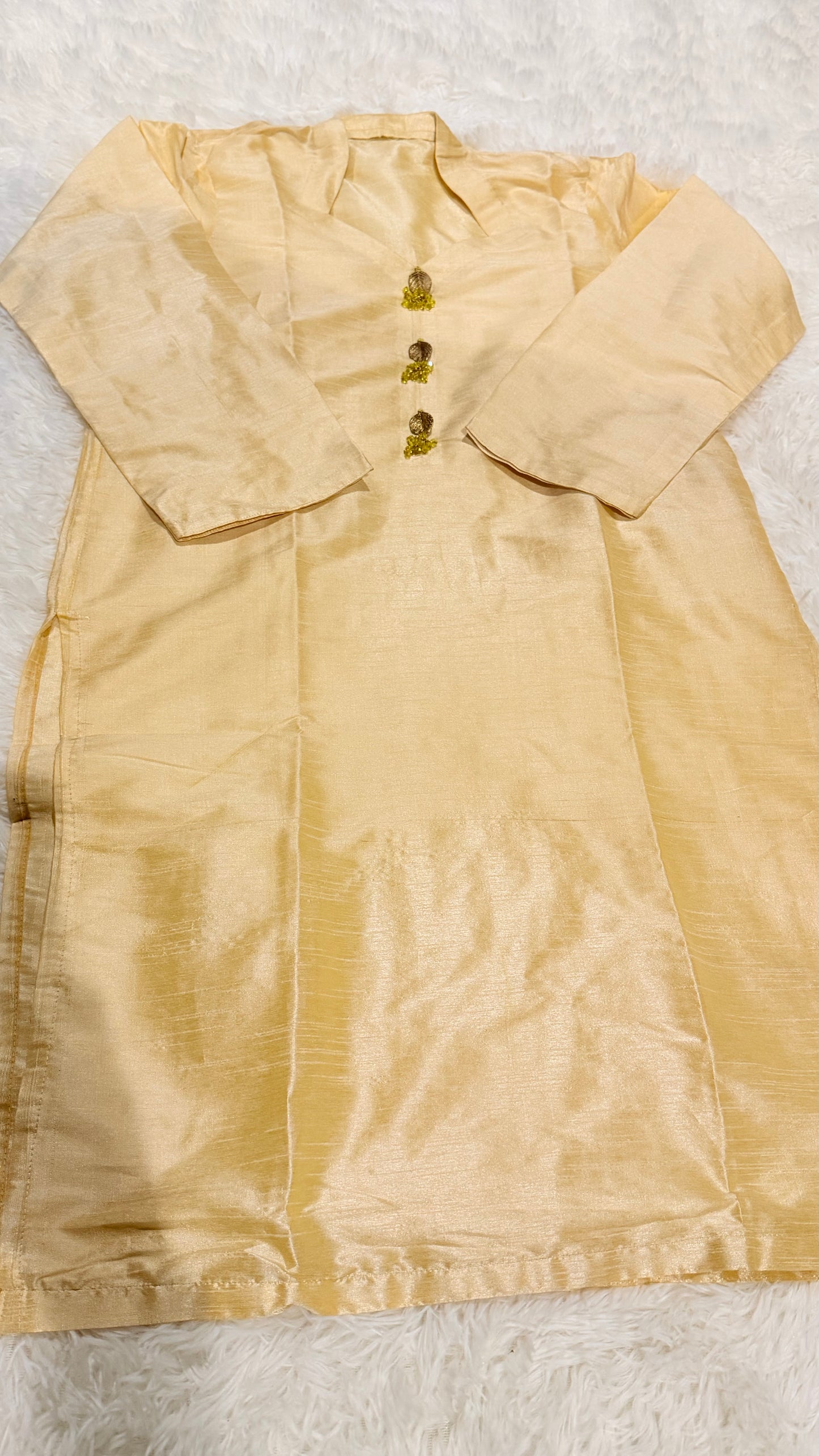 Light Golden Beige Raw Silk Suit withMetal and Crystal ornaments on neckline, comes with pants