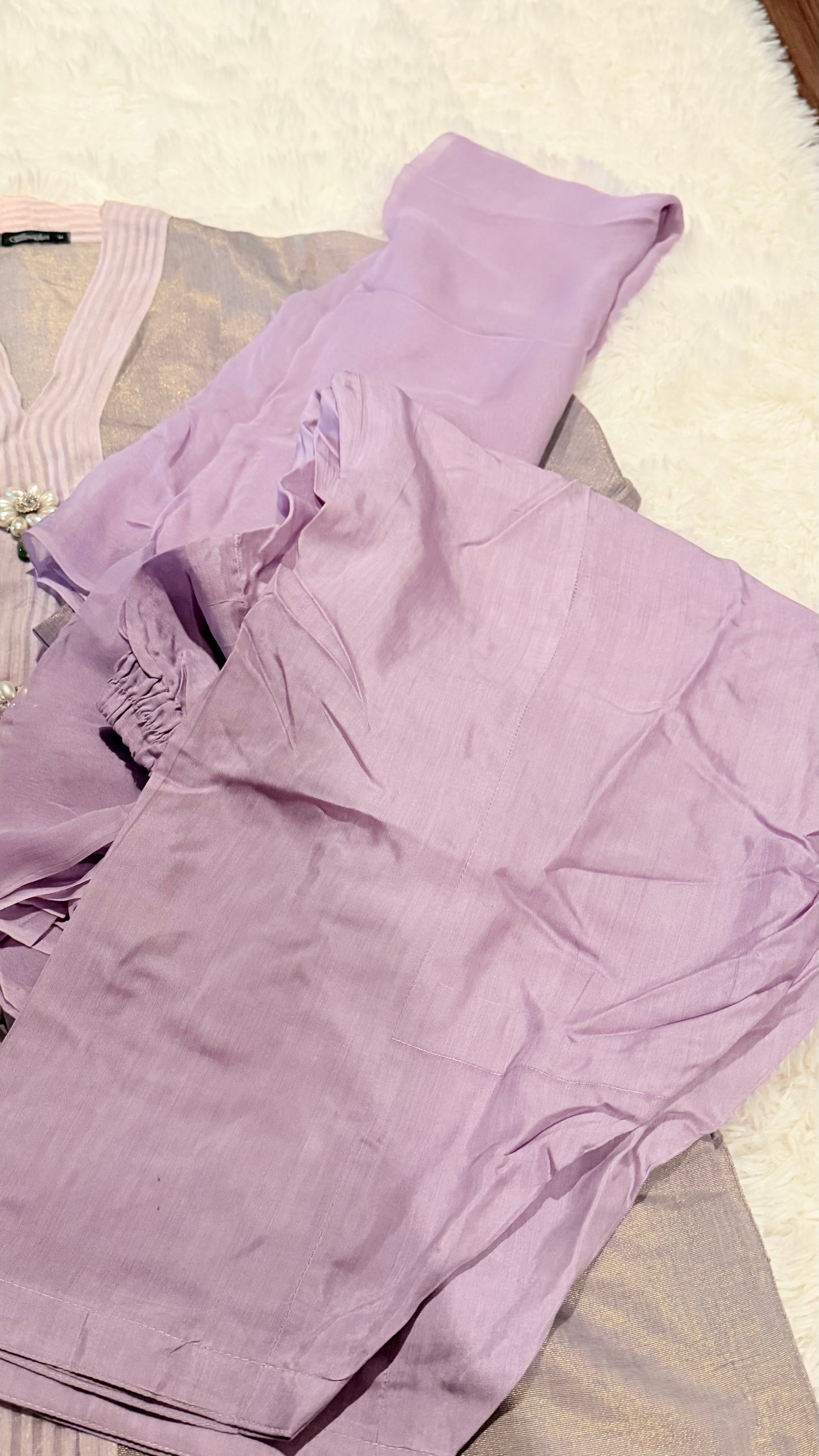 Cross Stitch Cotton Silk Shirt with Metallic Shimmer in Lavender with Pearl Embellishments along front and Organza Hem