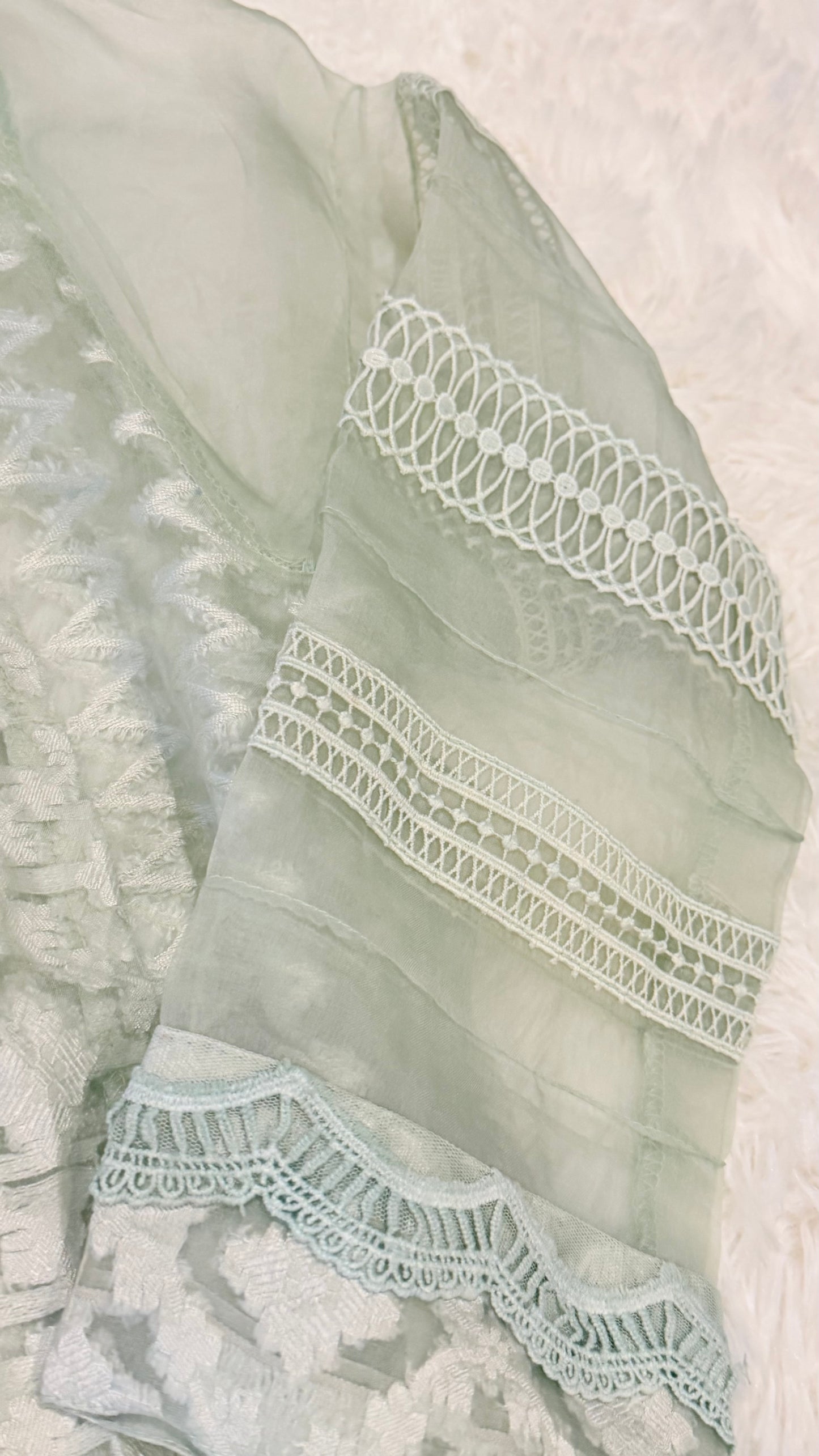 Mahvish Naeem Mint Green Organza Shirt with Embroidery and 3D flower embellishments with Pearl and Crystal accents.