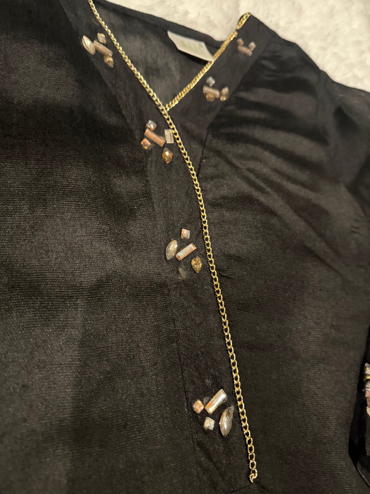 Jeem Black Cotton/Silk blend Shirt with accents on neckline and Embroidery on Sleeves and border.
