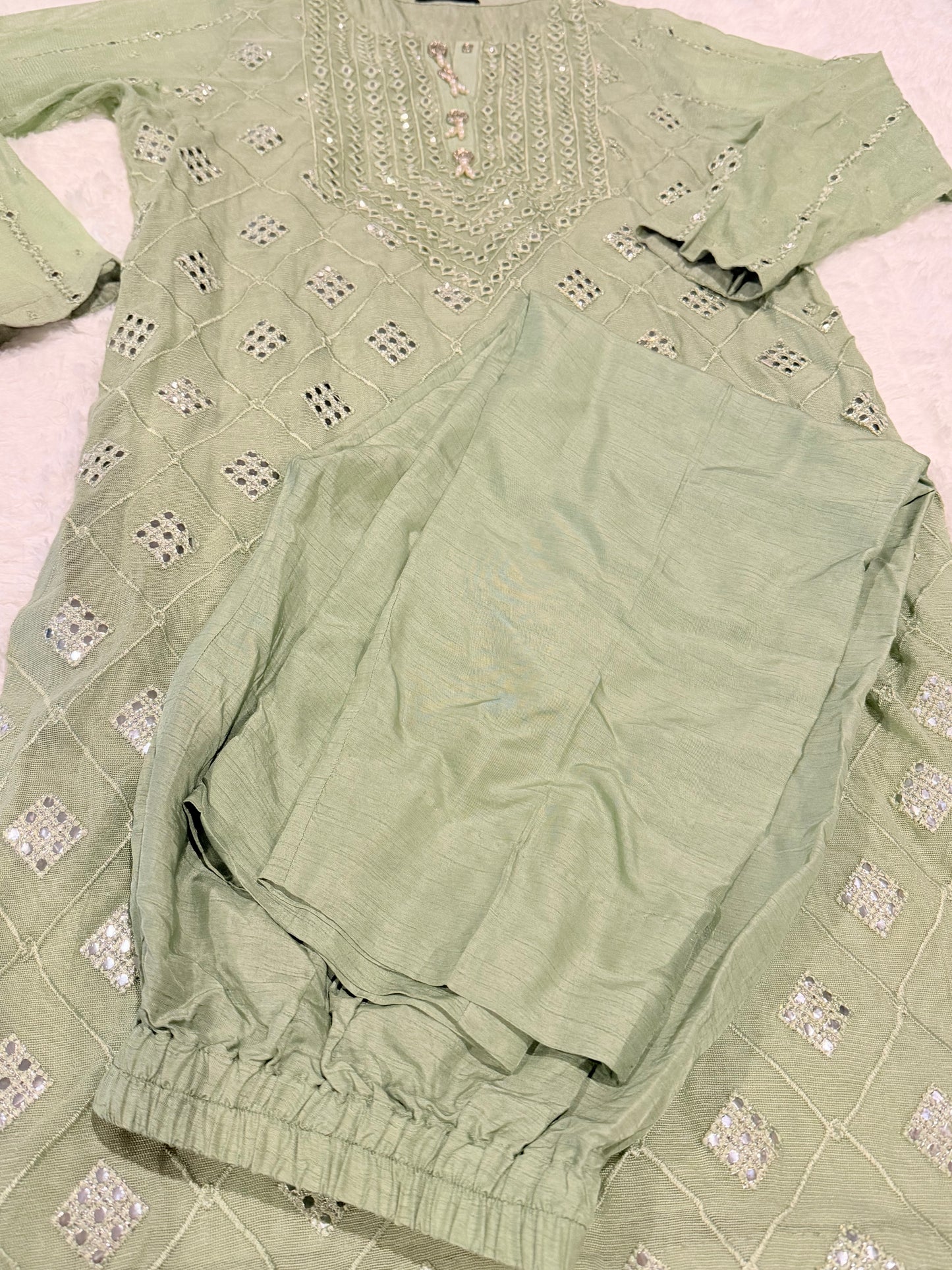 Cross Stitch Sea Green Shirt with Embroidery and Mirror Like work throughout with Pearl and Mirror-look buttons.