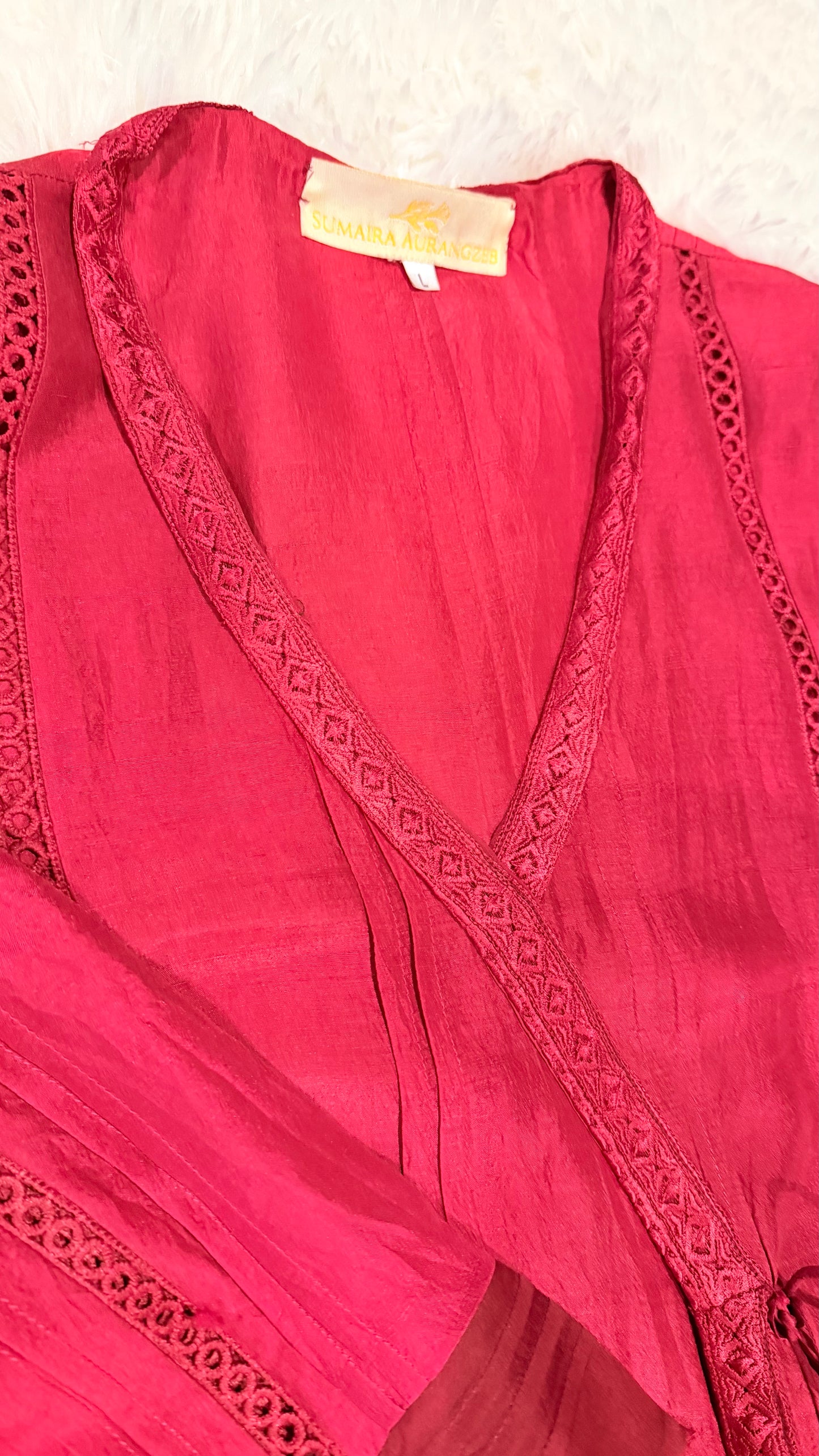 Sumaira Aurangzeb Red Pure Silk Angrakha Cut shirt with straight pants and beautifully embroidered dupatta