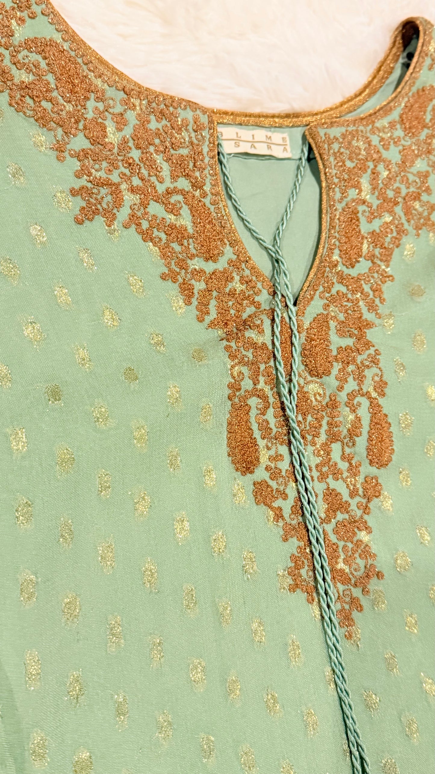 Sublime by Sara Green Chiffon Jamawar Long Shirt with Golden trim and Golden Beads on Neck Tie