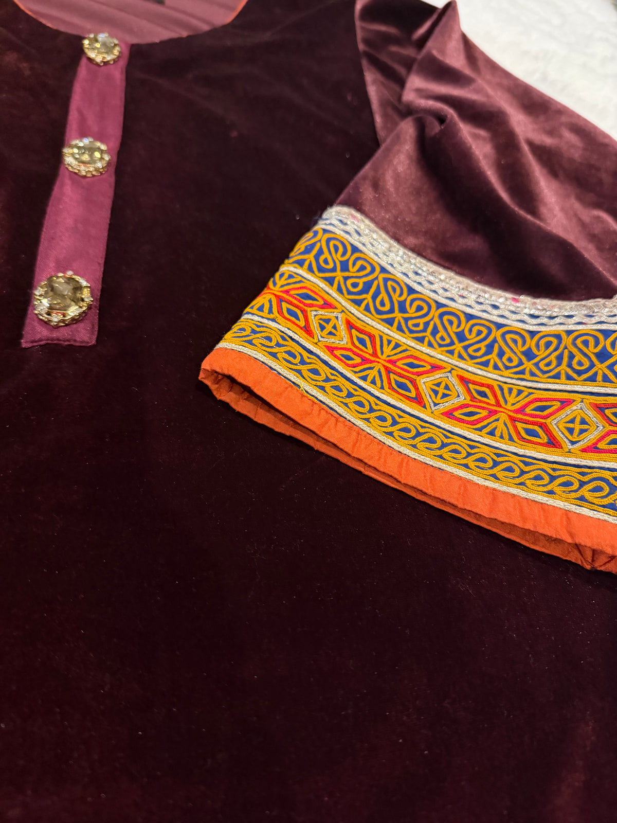 Aisha Imran Deep Purple Velvet Shirt with Thread Embroidery on Border, ornate button decor on neckline and embroidered Sleeve borders