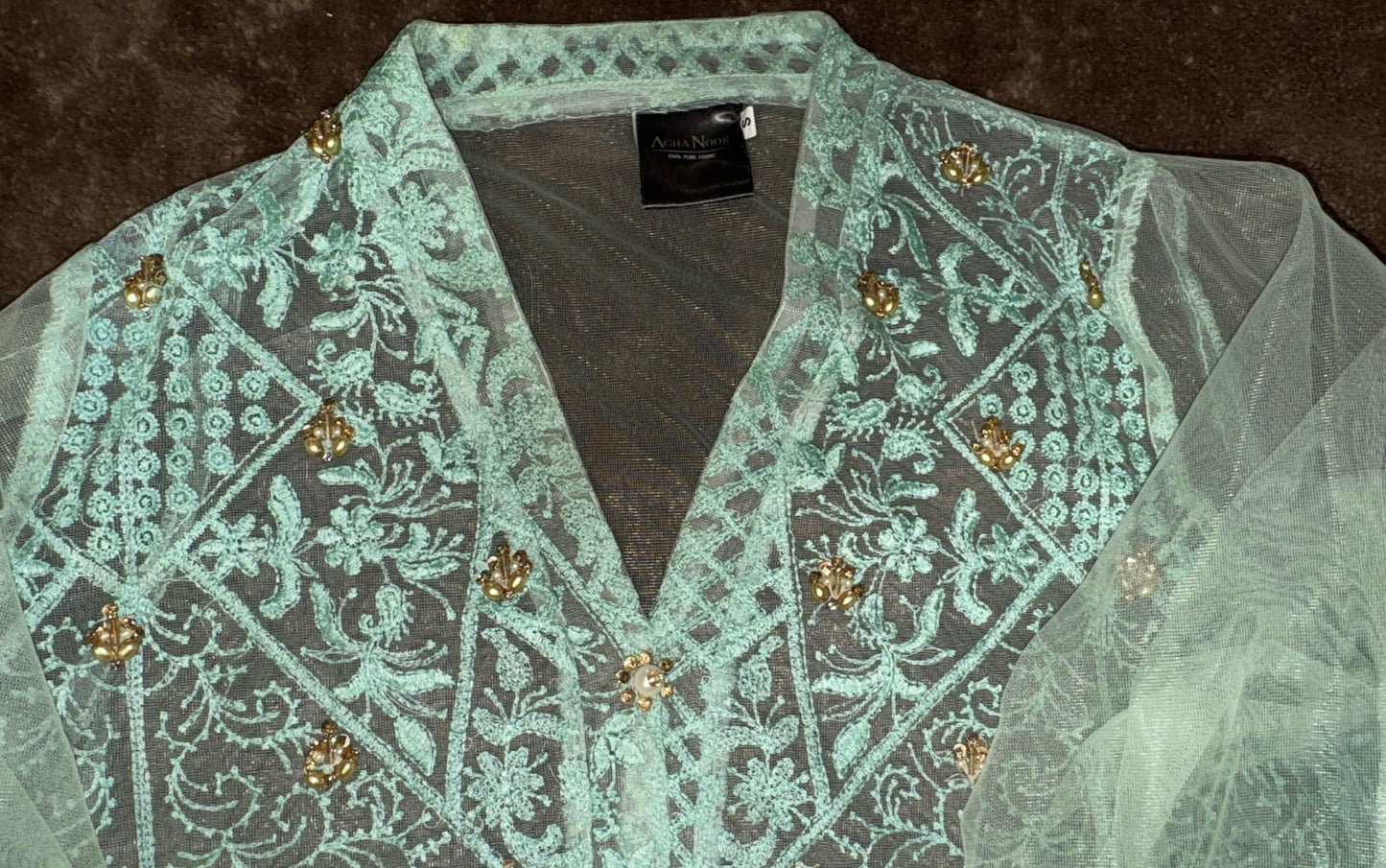 Agha Noor Short Length Straight Kurta with Gold and White Embellishments and Pearls