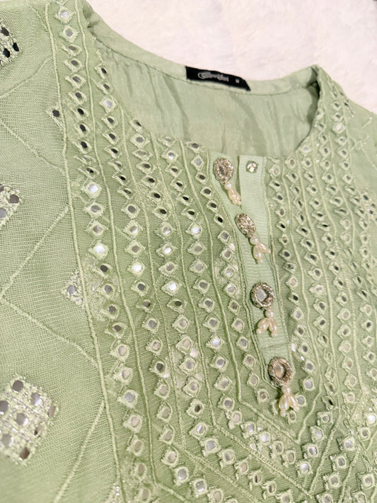Cross Stitch Sea Green Shirt with Embroidery and Mirror Like work throughout with Pearl and Mirror-look buttons.