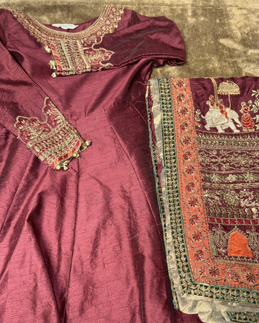 Maria B Burgundy/Maroon Silk Anarkali with Straight Pants and Heavily Embroidered Duputta