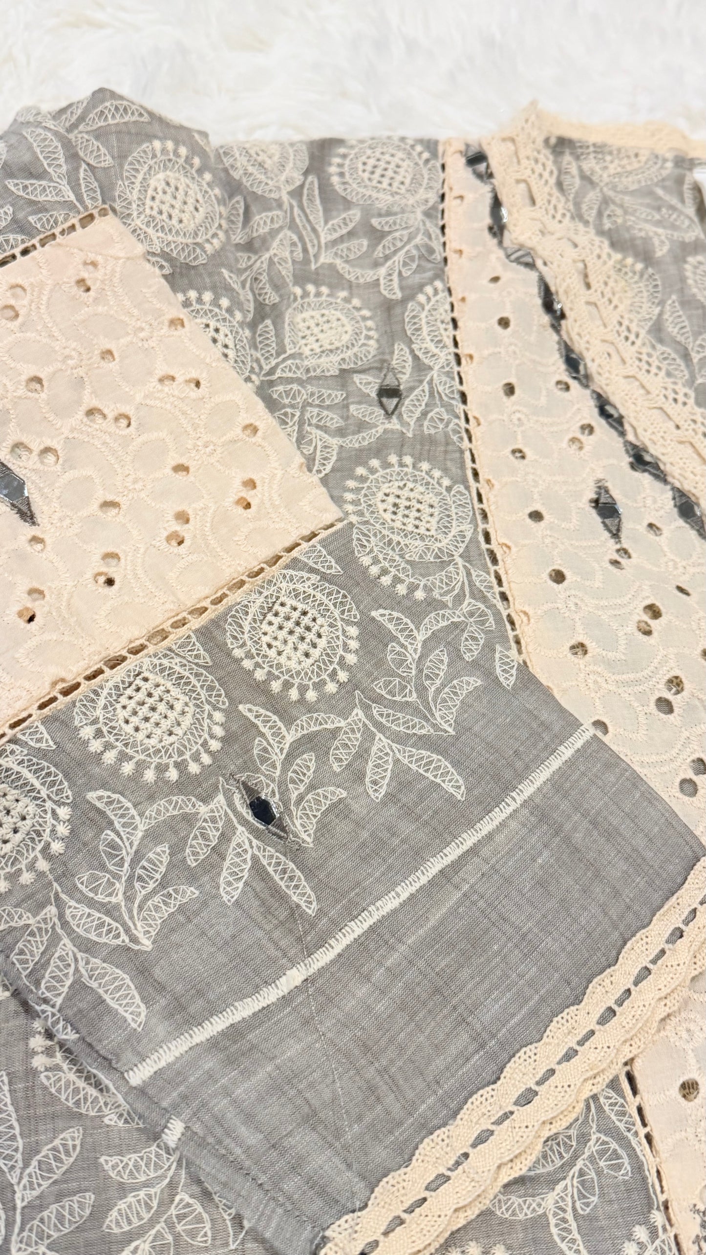 Amber Z Cotton Kurta with Heavy Embroidery in Off-white and Gray Color with Shisha (mirror) work throughout