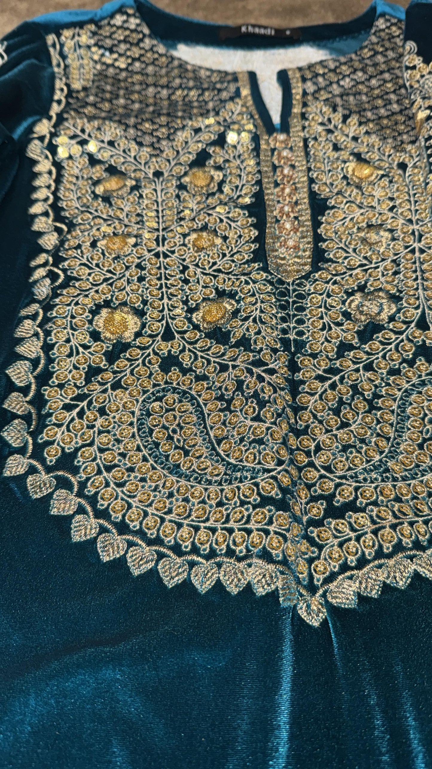 Khaadi Velvet Kurta in Teal Green with Golden Embroidery and Embellishments
