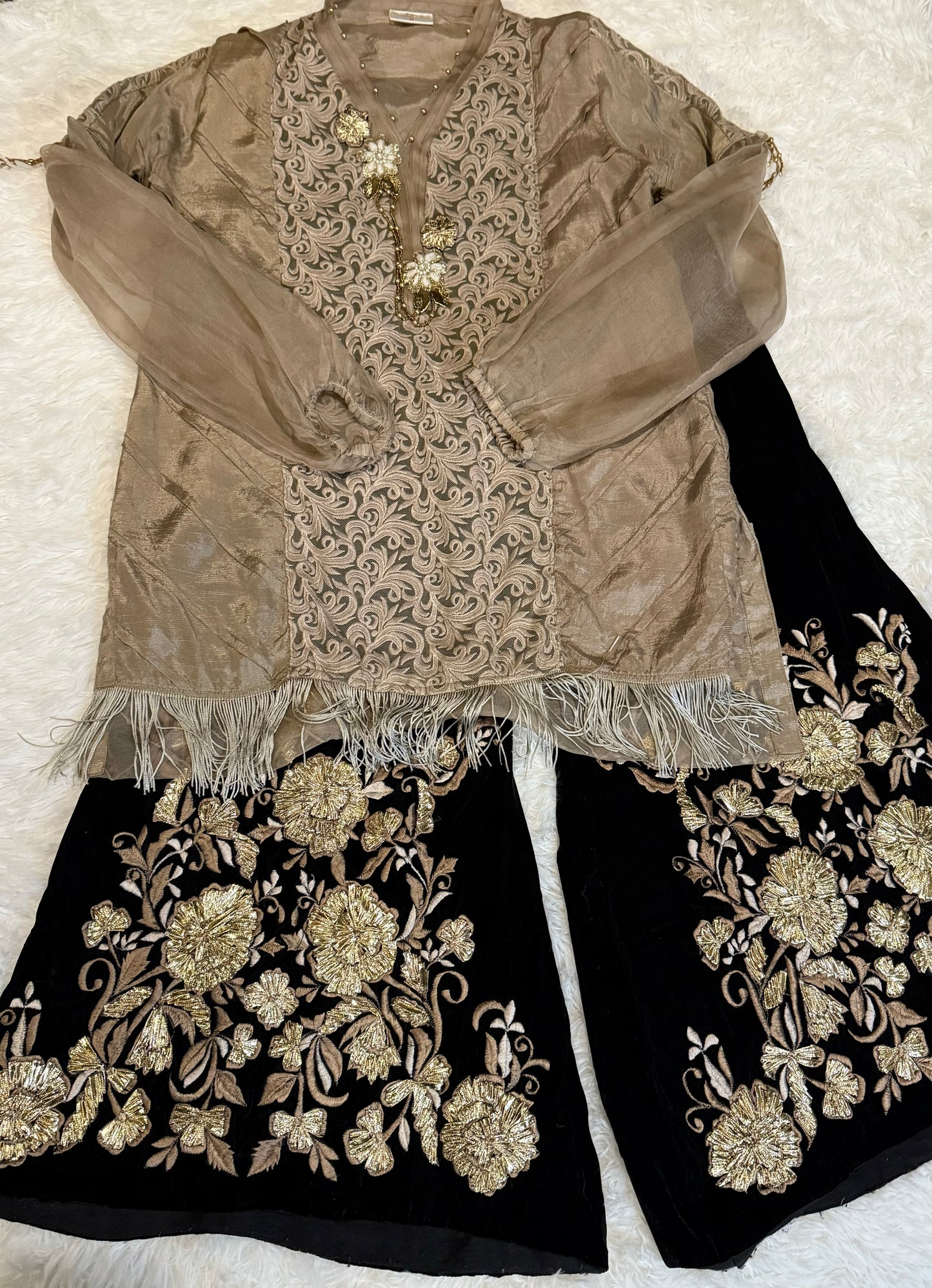 Cotton Ginny Organza and Silk Top with Embellishments with Wide Leg Embroidered Velvet Pants