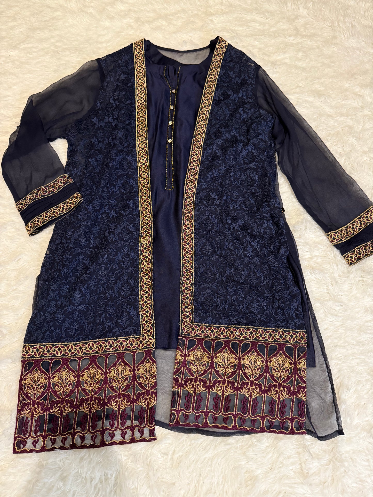 Dhanak Blue Gown with Embellished Slip and Chiffon Embroidered Jacket