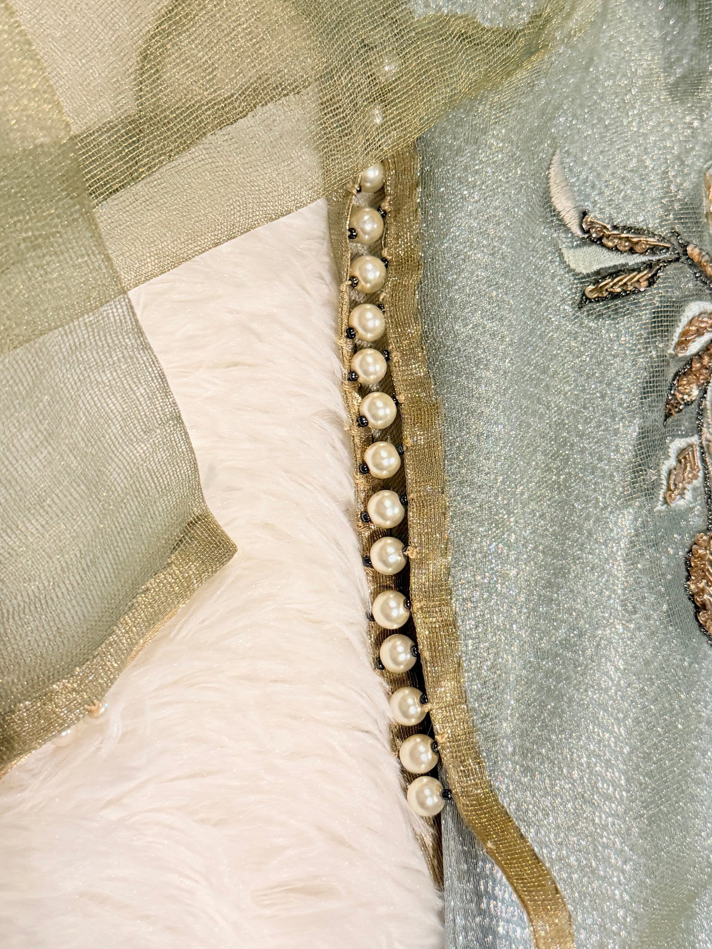 Jeem Metallic Organza Shirt in Blue/Gray color with heavy embroidery and Jamawar Slip