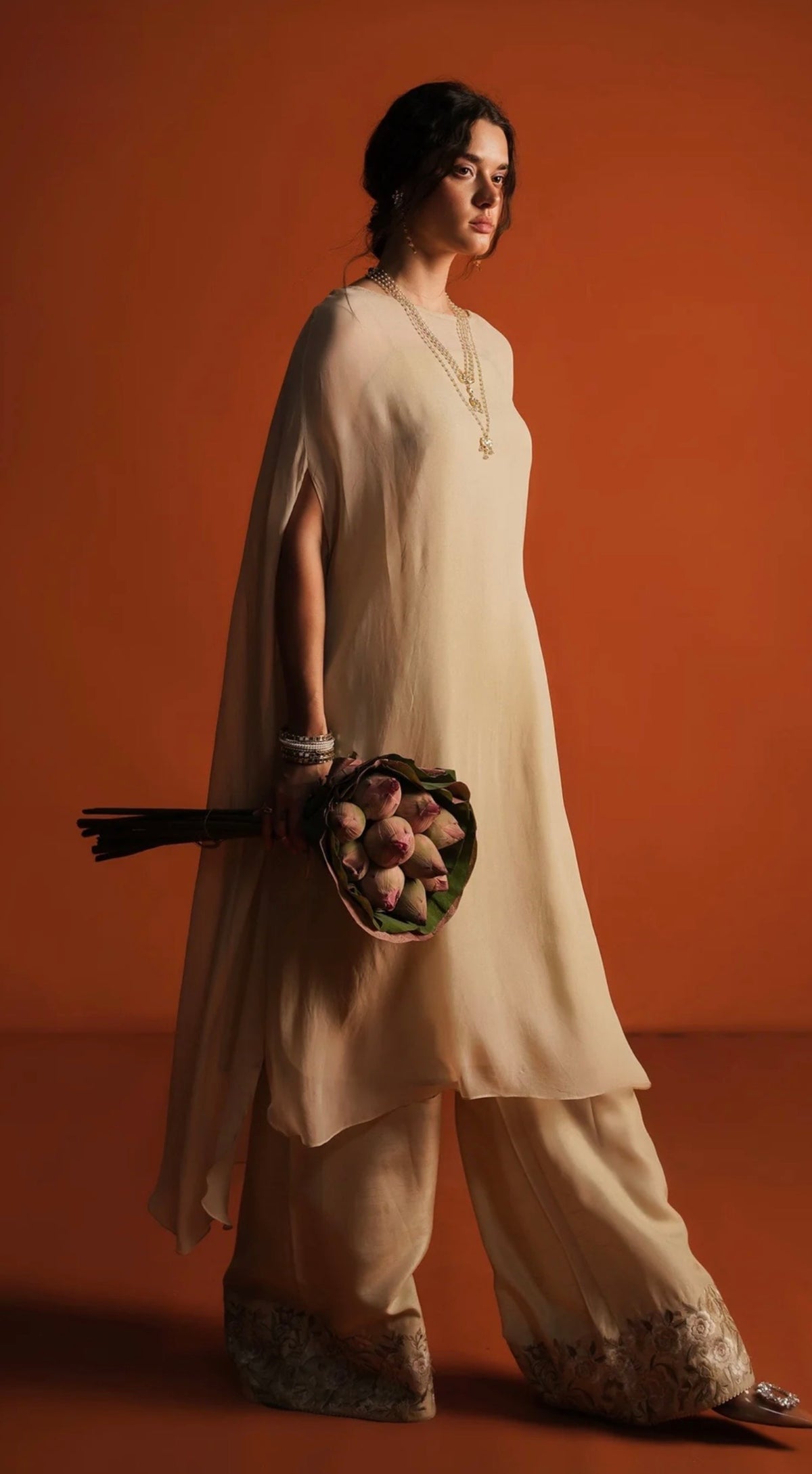 Zara Shajahan Poncho Style Long Shirt with Wide Leg Embroidered Silk Pants.