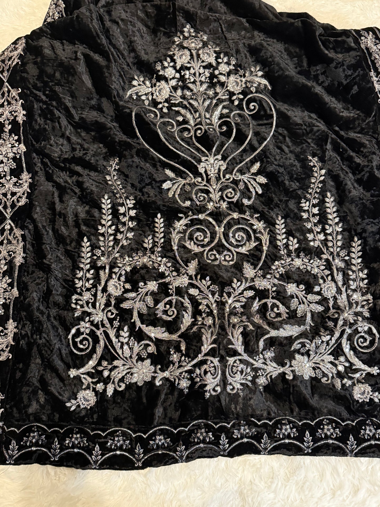 Maria B Black Velvet Shawl with Silver and White Embroidery & Accents