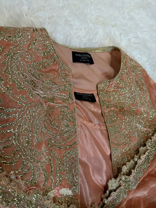 Sana Safinaz Peach Velvet Jacket with Silver, Pink, and White Floral Embroidery