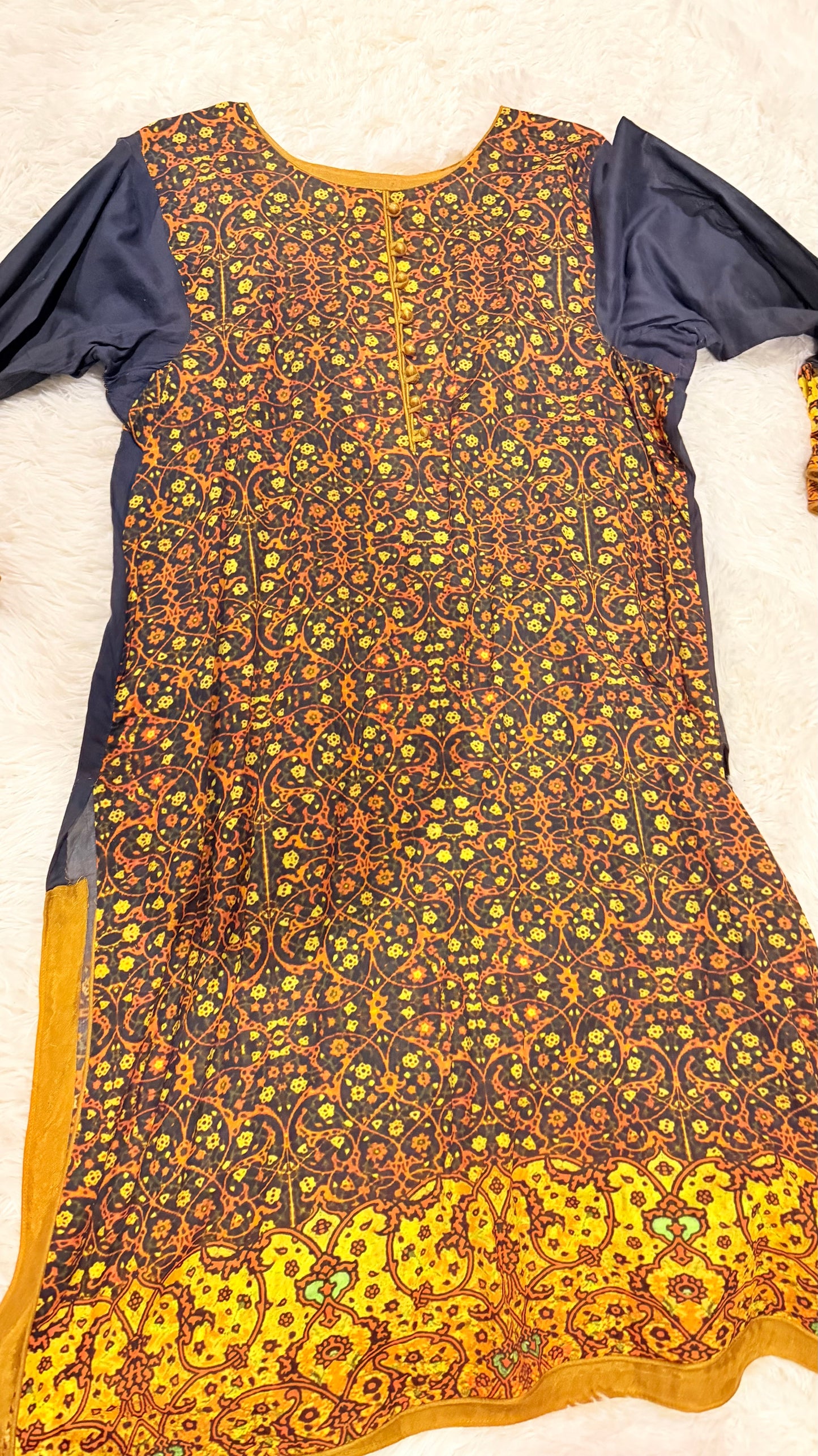 HSY Blue Lawn Kurta with Yellow and Orange Embroidery & Printed Design