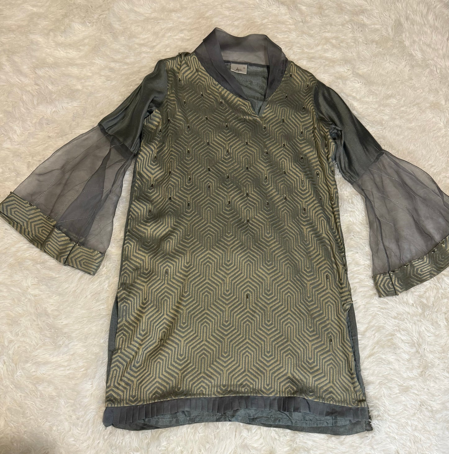 Jeem Gray Cotton/Poly Blend Top with Metallic Accents and Sequin Work