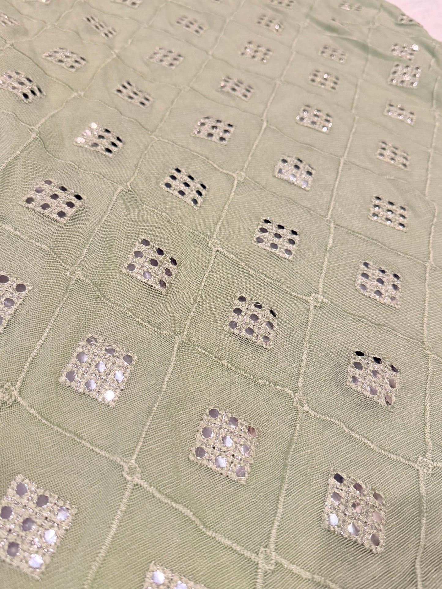 Cross Stitch Sea Green Shirt with Embroidery and Mirror Like work throughout with Pearl and Mirror-look buttons.