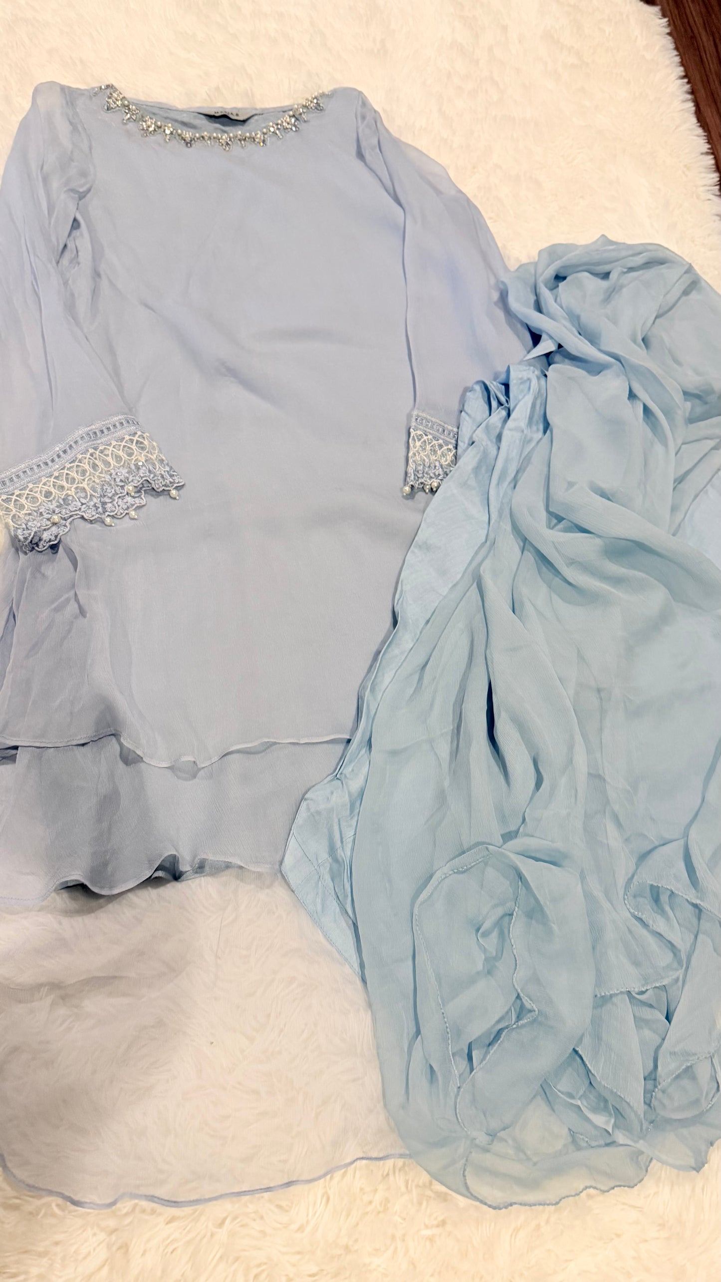 Maria B Gray Blue Chiffon Layered Style Shirt with Embellishments on Neckline and Lace and Pearl Trim on Sleeves.