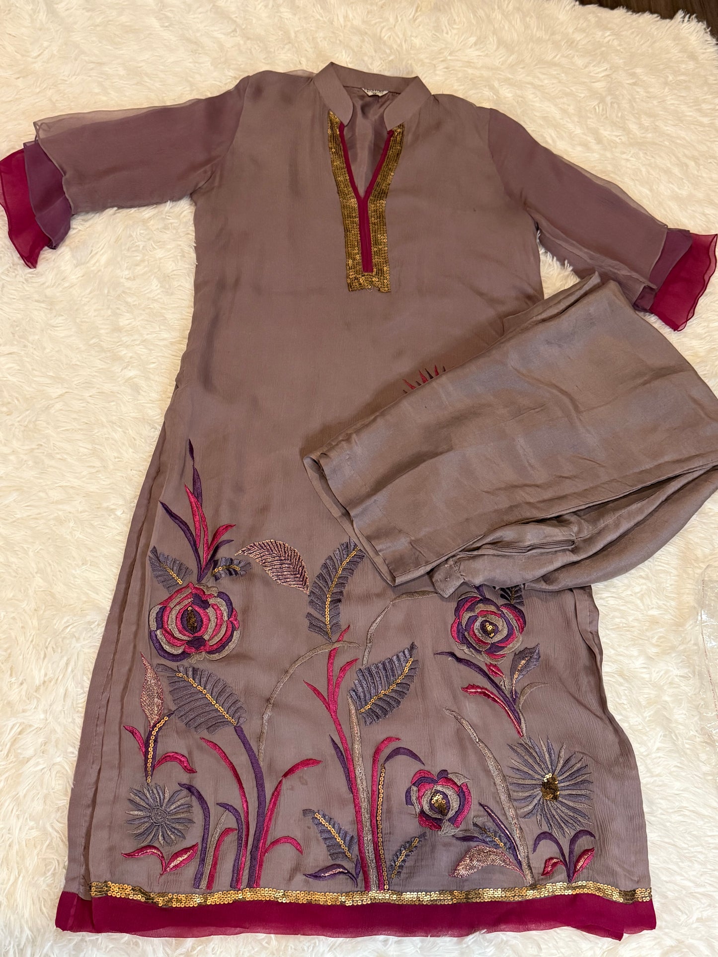 Chinyere Chiffon Embroidered Kameez paired with matching Silk Pants