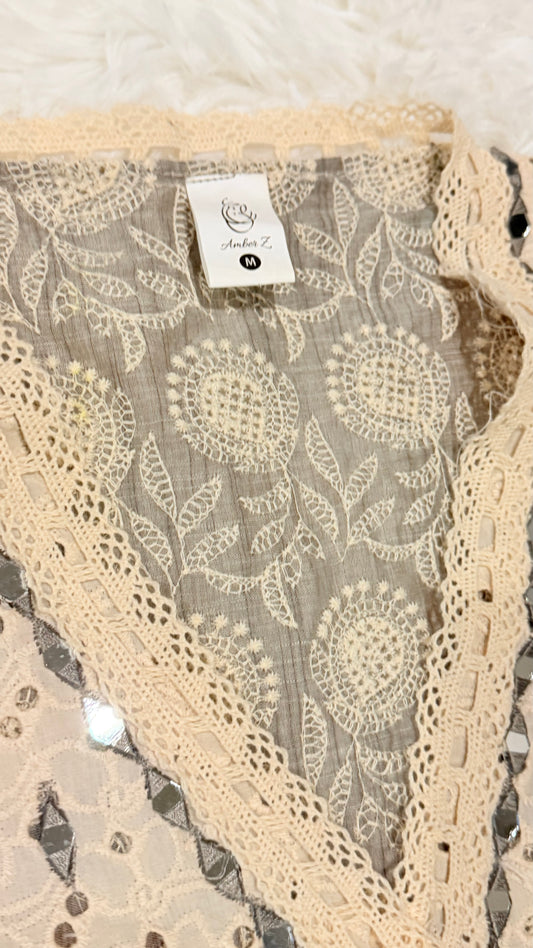 Amber Z Cotton Kurta with Heavy Embroidery in Off-white and Gray Color with Shisha (mirror) work throughout